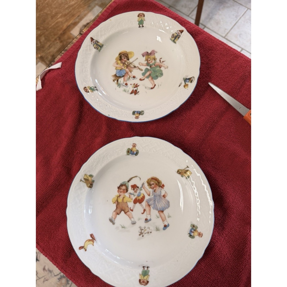 Vintage Schumann Bavaria Children's Plates-2- 1940s Blue Rim Toy Border 8"